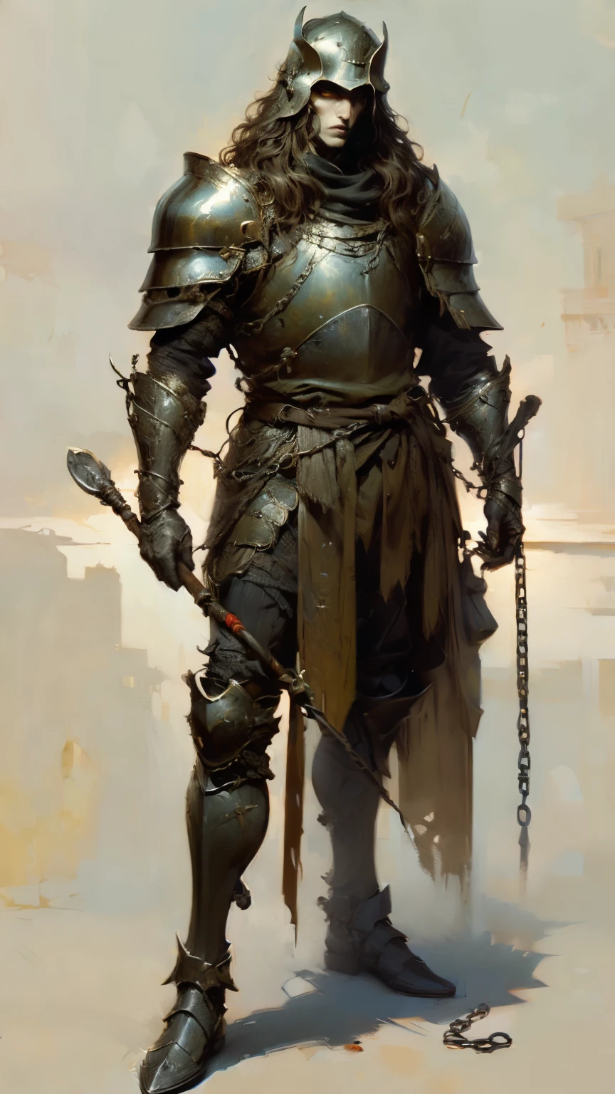 European man, (wearing a helmet shaped like the head of an owl), 8k, absurd res, ((wild eyes)), flawless face, 1man, full body image, solo, masterpiece, highly detailed, flawless eyes, expressive detailed eyes, pale skin, wide eyed, detailed pupils, realistic skin, realistic skin texture, super detailed skin, analog style, amazing painting, perfect image, 8k, (chin length hair), ((wavy hair)), ((wearing chainmail and plate armor)), dark moody atmosphere, (full body image), (metal greaves on his feet), (gauntlets), (holding a metal club), ((zoom out, full body and face shot)). full body image, (wearing a helmet), ((fully covered))