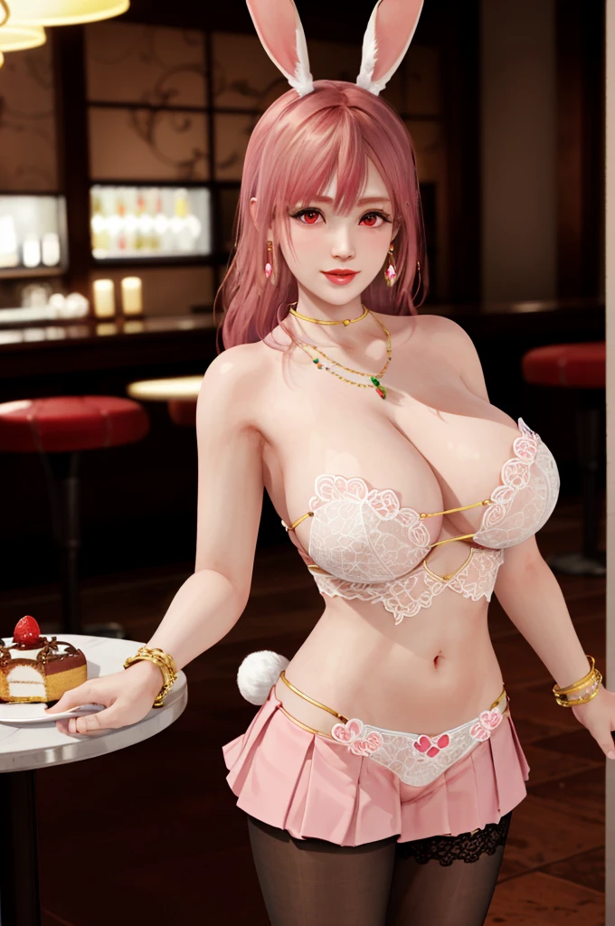 Honoka, Bunny Girl装，Super short pleated skirt, bracelet，ring, ，Pink Hair，Huge breasts，Cleavage，Low-cut，Rabbit Tail，pantyhose，cute，necklace，earrings，Dining room，coffee，Donut，cake，Rabbit ears，Lace，Red lips，shy，cute，Bunny Girl，Karaoke，bar，Brown eyes，