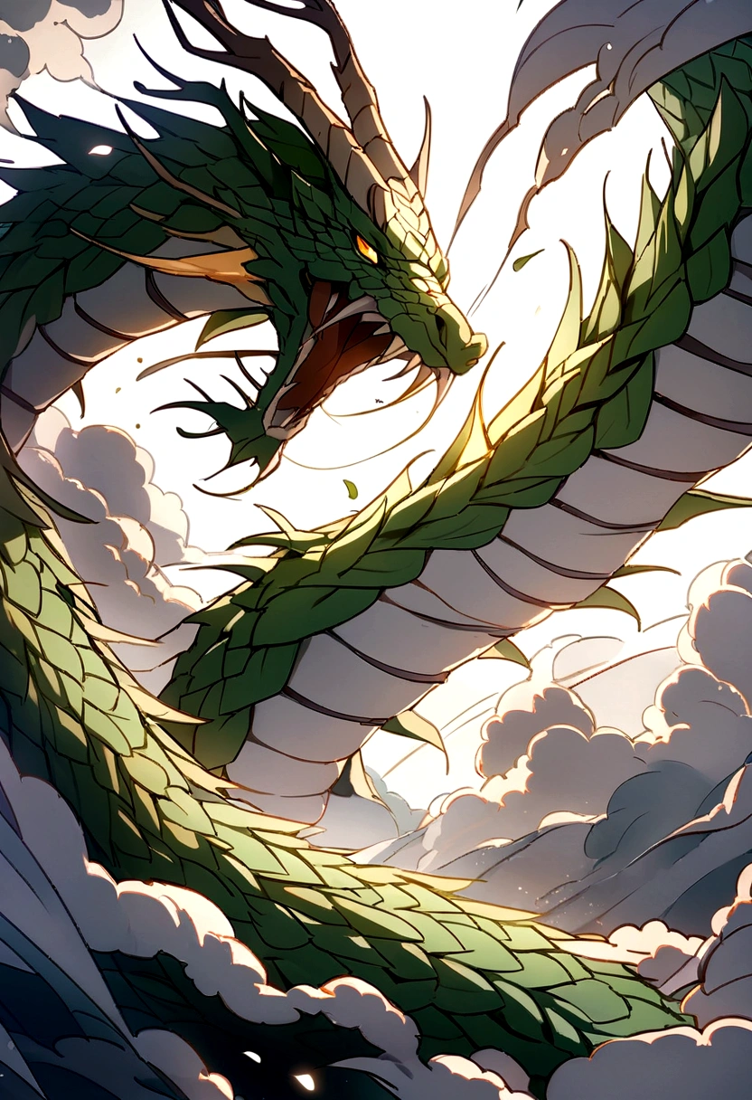 flag、masterpiece、(White background:1)、A green Japanese dragon surrounded by white clouds、god々々Halo、Wind、god々、Long undulating body、overbite、Upper body、Fantastic、god話、high quality、Very detailed、masterpiece、amazing、Particle Effects、Dynamic Effects