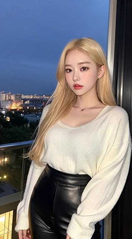 A young Korean woman with blonde dyed hair, pale skin, thin body. She has a small mole below her left eye, making her even more charming. She is wearing a chic black shirt and black leather pants . She is looking at the viewer, and her easy expression is sensual. Full body. The setting is a balcony of a luxurious apartment at night with the city in the background. Masterpiece, high quality.
