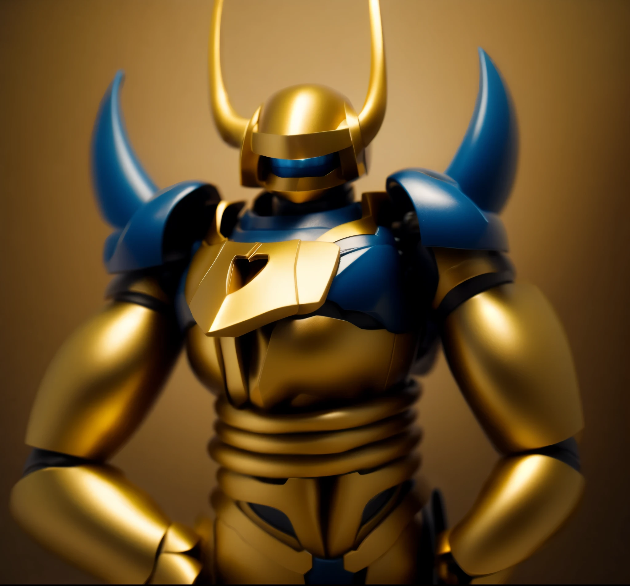 Two long horns on head, golden horns, horns on both shoulders, golden armor, dark night background, high quality, blue visor,