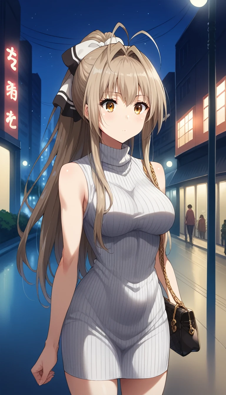 score_9, score_8_up, score_7_up, source_anime, aaisuzu, solo, long hair, antenna hair, ponytail, hair bow, breasts, night, street, city, standing, cowboy shot, sweater dress, sleeveless, ribbed sweater, handbag,