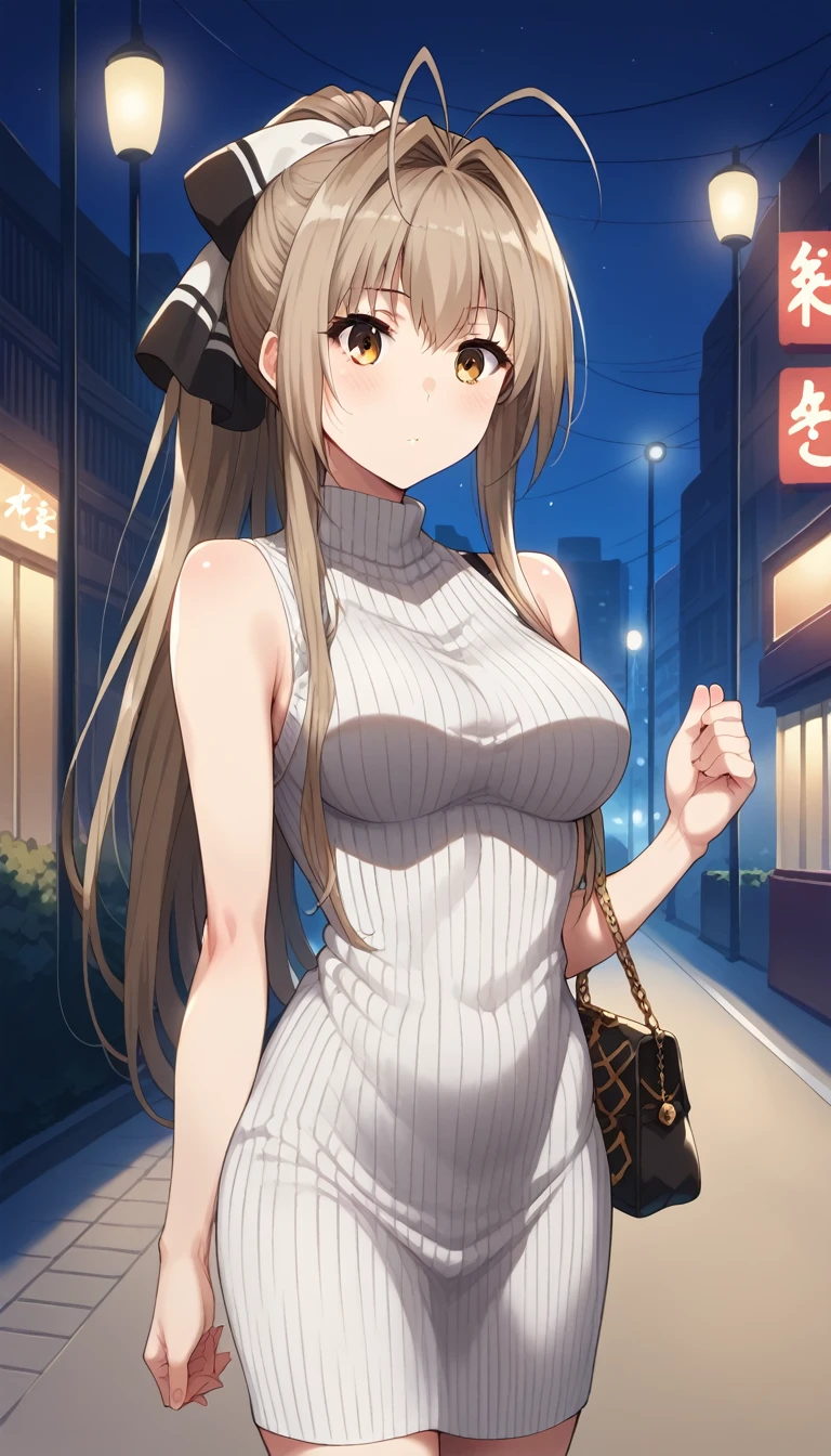 score_9, score_8_up, score_7_up, source_anime, aaisuzu, solo, long hair, antenna hair, ponytail, hair bow, breasts, night, street, city, standing, cowboy shot, sweater dress, sleeveless, ribbed sweater, handbag,