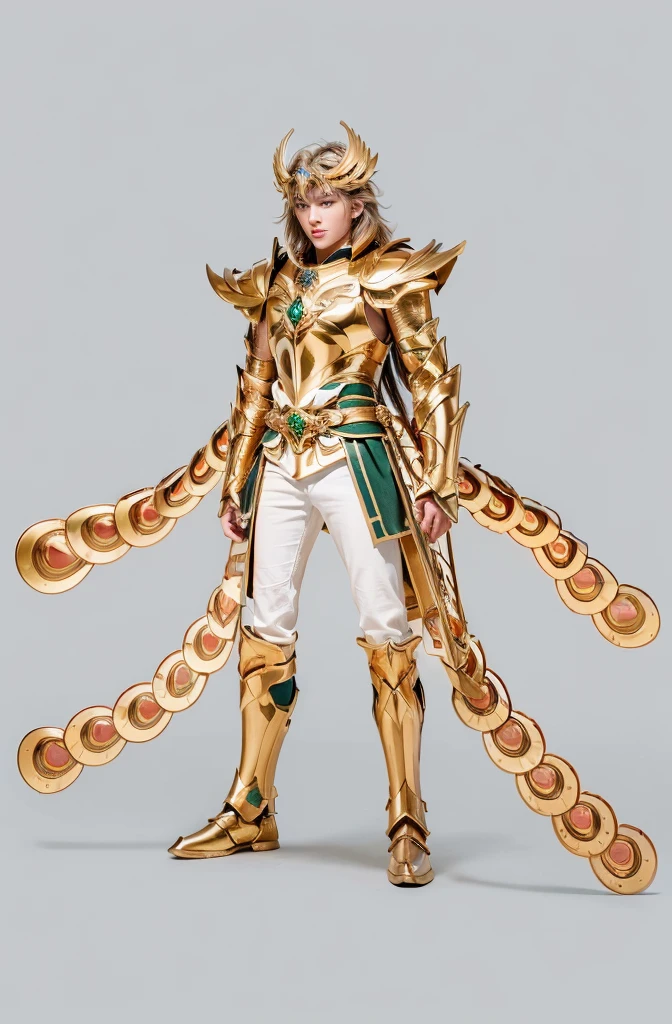 Ultra-high saturation, (tmasterpiece), full body photo, (best quality), (1 handsome man), starry sky background, Wearing shiny gold armor, armor type armor shows details of your muscles, showing the belt, showing the armor thigh protector, cool pose, Saint Seiya Armor, messy hair, high detail, Anime style, Cinematic lighting, Glitter, god light, Ray traching, filmgrain, hyper HD, skin texture, super detail, Anatomically correct, High resolution, Saturation ultra-high, High contrast, High-shiny green armor, Smooth skin, Serious expression