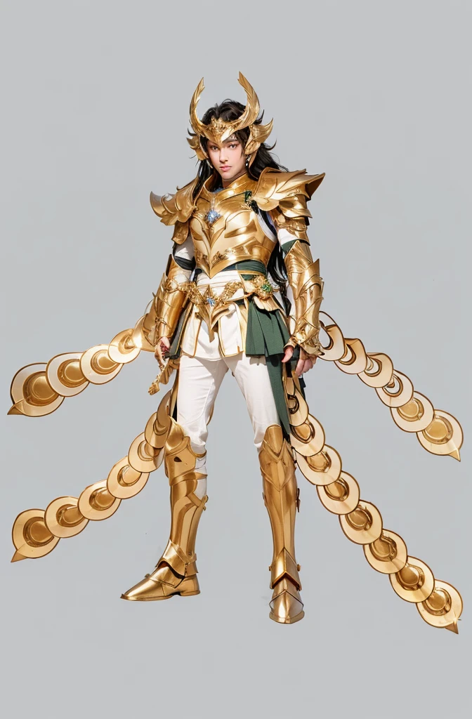 Ultra-high saturation, (tmasterpiece), full body photo, (best quality), (1 handsome man), starry sky background, Wearing shiny gold armor, armor type armor shows details of your muscles, showing the belt, showing the armor thigh protector, cool pose, Saint Seiya Armor, messy hair, high detail, Anime style, Cinematic lighting, Glitter, god light, Ray traching, filmgrain, hyper HD, skin texture, super detail, Anatomically correct, High resolution, Saturation ultra-high, High contrast, High-shiny green armor, Smooth skin, Serious expression 