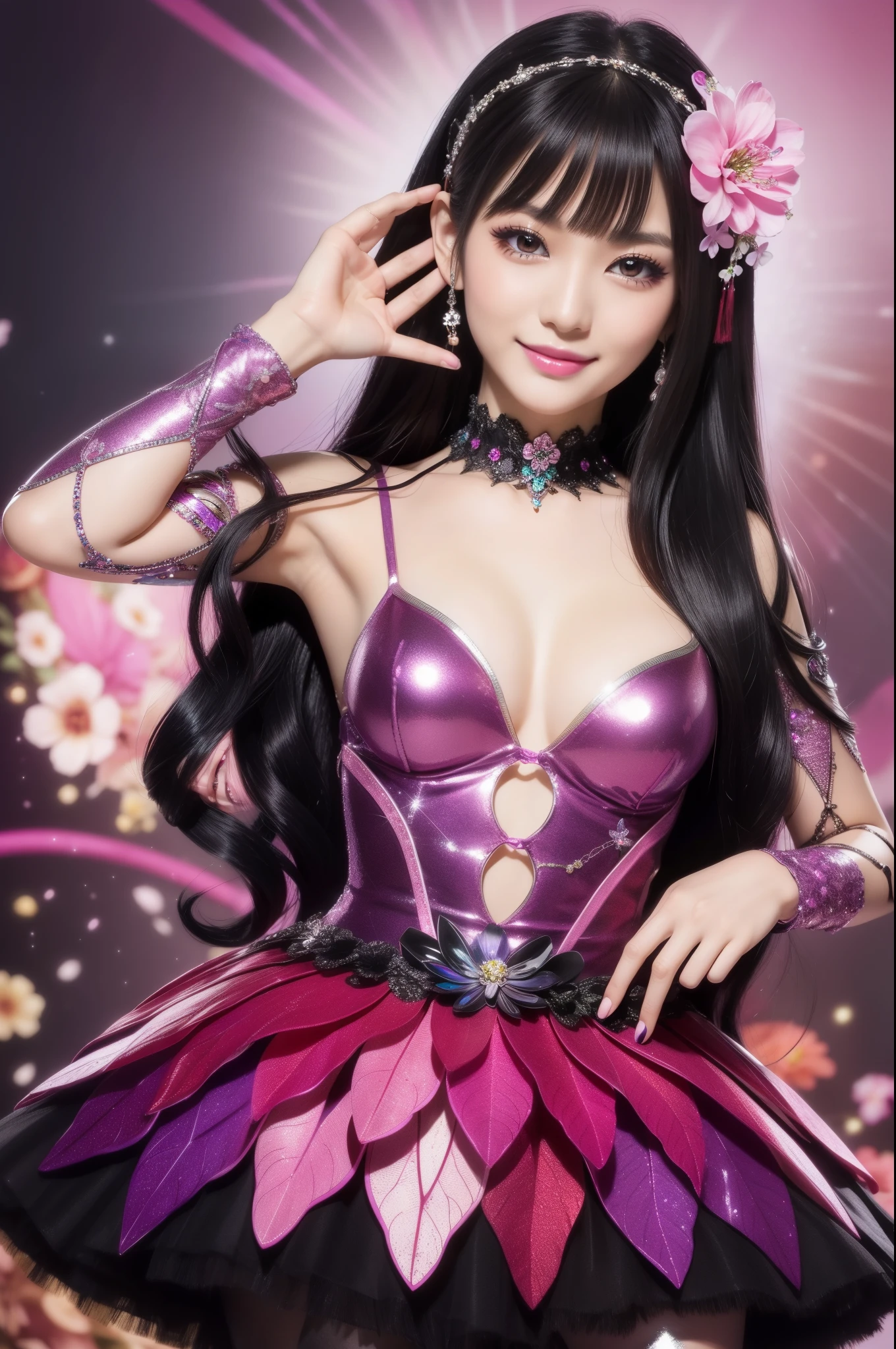 beautiful Japanese model who controls poison、beautiful smile、lipgloss、long lashes、intense makeup、look at the camera、full body Esbian、、sparkling poisoned flower costume、、、、sparkling Colorful hair、secrete poison、skull hair accessories schnet tights、shiny sparkling flowers background