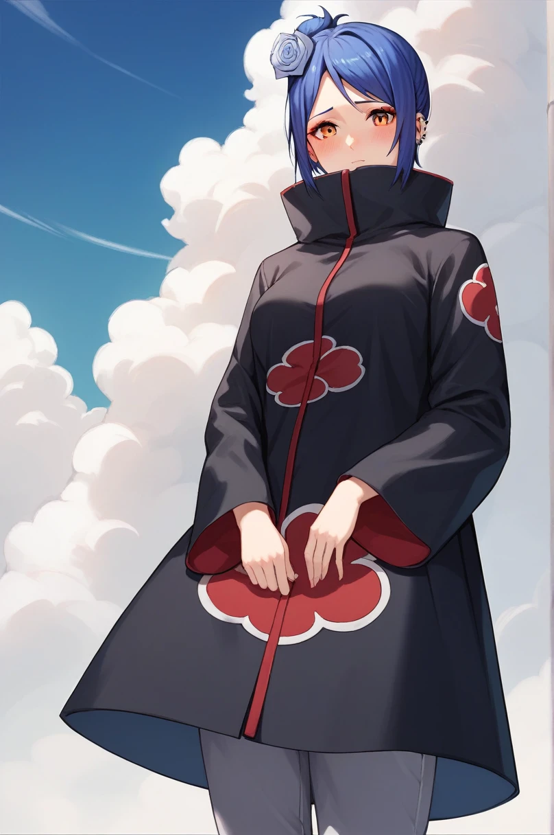 score_9, score_8_up, score_7_up, score_6_up, score_5_up, score_4_up, KonanNSHXL, makeup, orange eyes, blue hair, short hair, single hair bun, hair flower, piercing, medium breasts, high collar, black coat, coat with cloud print, long sleeves, pants, sandals, hinata hyuga's personality, futa, shy, timid, blushing,