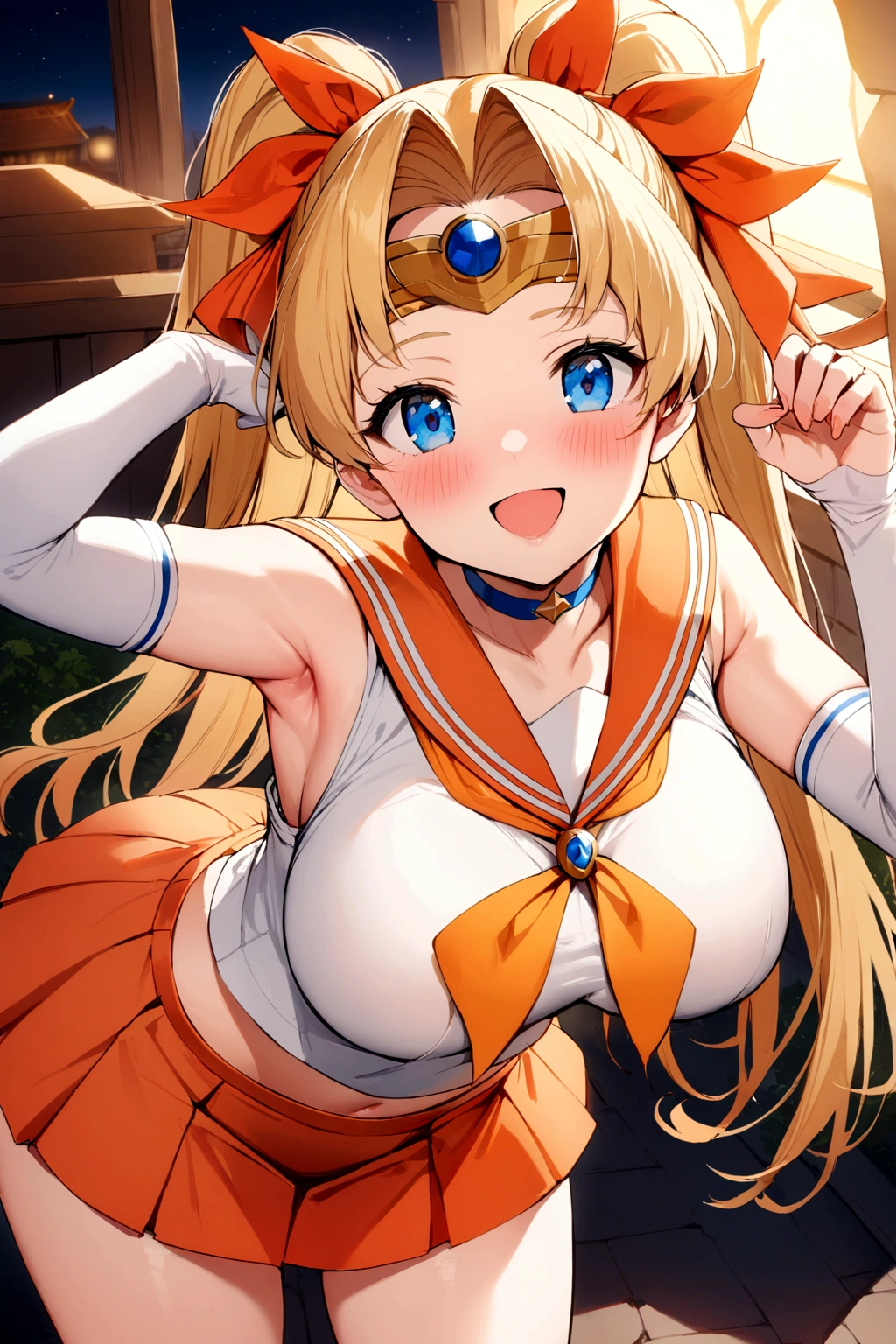 One Girl, EPsm Sailor Venus, Big Breasts,(Long blonde hair, blue eyes, blush, Sailor Warrior Uniforms, White elbow gloves, Hair Ribbon, Circlet, choker, Orange Skirt, Orange sailor collar, Medium Chest:1.2), Cute pose, justice, night, smile, masterpiece, Highest quality, detailed background, Intricate details, detailed ,Panty shot
