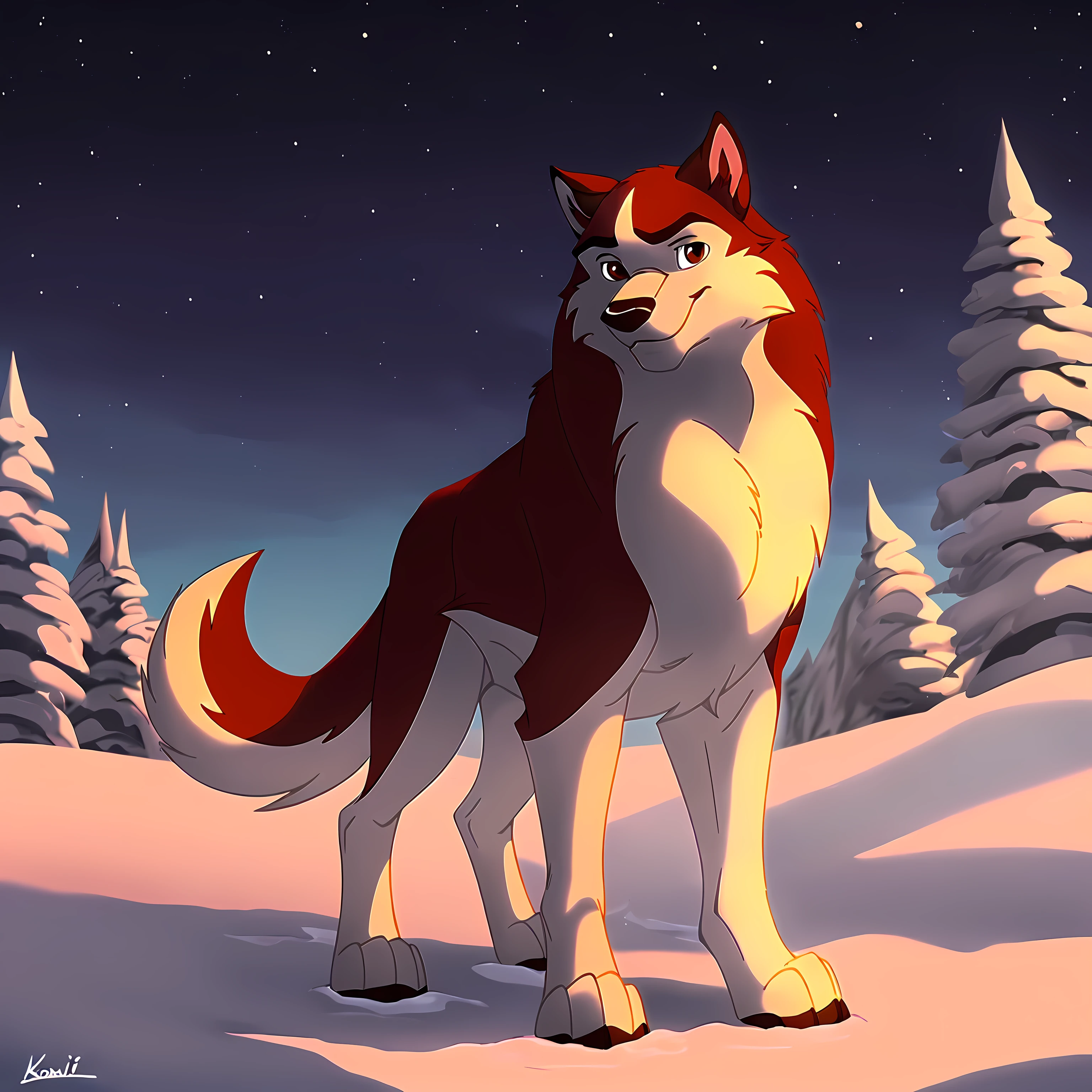 kodi, kodiak (balto), solo, red fur, feral, detailed, quadruped, wfa anatomy, black lineart, black outline, male, masculine, muscular, pectorals, adult, wolf, wolf body, wolf tail, brown eyes, cartoon shading, cel shaded:1.0, strong body, confident, proud, night, winter, outside, detailed eyes, looking at viewer