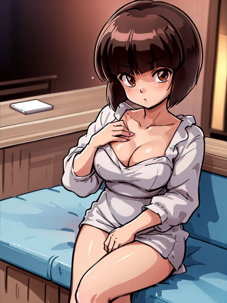 ((masterpiece)), best quality, ultra detailed, looking at viewer, intricate details, rich colors, sharp focus, volumetric lighting, dramatic atmosphere, nabiki tendo, brown eyes, nabiki, looking at viewer, 8k, 4k,light particles, highly detailed, detailed eyes, office INTERIOR, solo, bob cut, mini dress, pelvic curtain dress, heels, TendouNabiki, heels, cleavage, sit on bar chair, white panties, jewels, black heels, jewelry, hands on chest, upclose camera, crossed legs, night time, bar background, glass of wine, blush,