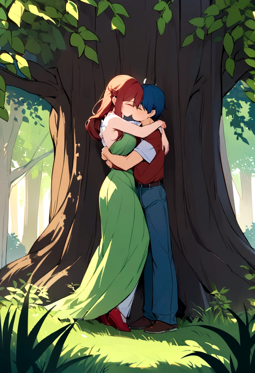 In the middle of the forest, under a huge willow tree, a girl and boy hug each other lovely