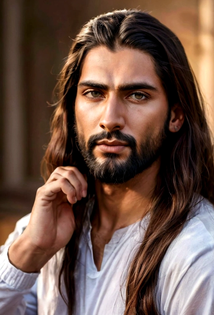 best quality,4k,8k,Altas,master part:1.2),ultra-detalhado,(Realistic,fotorrealista,photo-realistic:1.37),jesus cristo,estilo de arte tradicional,vivid and dynamic brushstrokes,Ancient playful setting ,Charismatic expression,postura humilde,historic portrait,Noble Features,estilo de pintura de tinta e lavagem,finely detailed facial features,dynamic compositing,Paradisiacal scenery,olhar confiante,,ambiente com Luz do sol dourada iluminando a cena,aura de angelical,atmosphric perspective,Explosive lighting, Jesus the man, racially ambiguous, loving