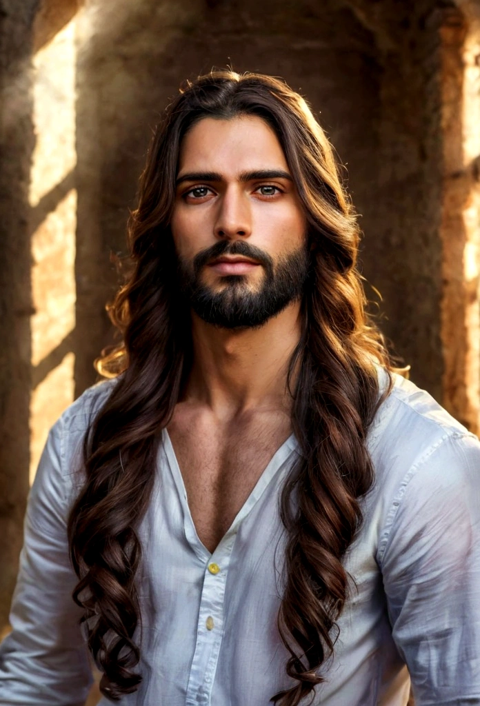 best quality,4k,8k,Altas,master part:1.2),ultra-detalhado,(Realistic,fotorrealista,photo-realistic:1.37),jesus cristo,estilo de arte tradicional,vivid and dynamic brushstrokes,Ancient playful setting ,Charismatic expression,postura humilde,historic portrait,Noble Features,estilo de pintura de tinta e lavagem,finely detailed facial features,dynamic compositing,Paradisiacal scenery,olhar confiante,,ambiente com Luz do sol dourada iluminando a cena,aura de angelical,atmosphric perspective,Explosive lighting, Jesus the man, racially ambiguous, loving
