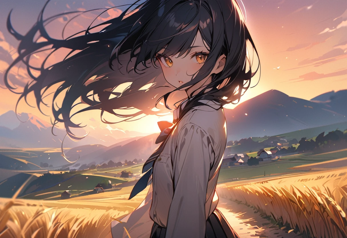 1 girl, long hair, black hair, straight hair, short bangs above brows,
BREAK (masterpiece), (high resolution 8K), cinematic lighting, professional lighting, detailed eyes and face, detailed body, 
BREAK , blazer, white shirt, blue bowtie, pleated skirt, 
BREAK walking down a dirt road that cuts through the fields, tranquil scene with gently rolling hills, fields of (vast golden wheat:1.3), water turbine,a few quaint farmhouses scattered throughout,(overlooking:1.3),wind,sunset sky

