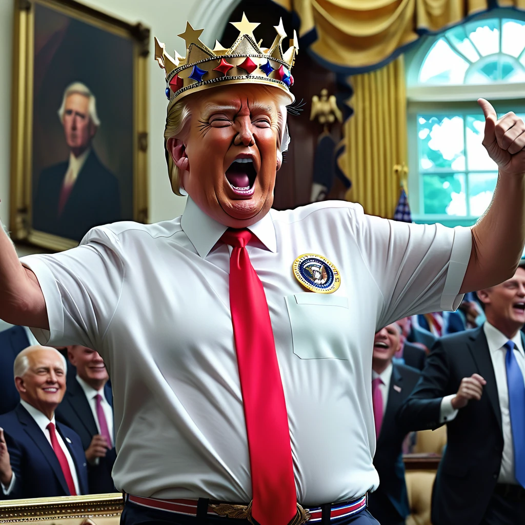 Donald Trump dancing on the death of democracy wearing his fake Republican crown highly detailed hyper realistic ultra detailed best quality 1080p hi definition 