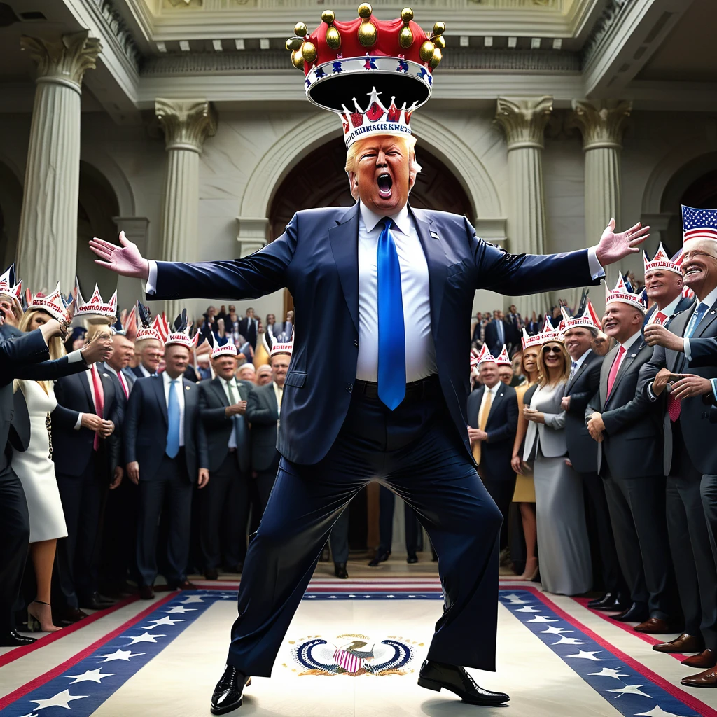 Donald Trump dancing on the death of democracy wearing his fake Republican crown highly detailed hyper realistic ultra detailed best quality 1080p hi definition 