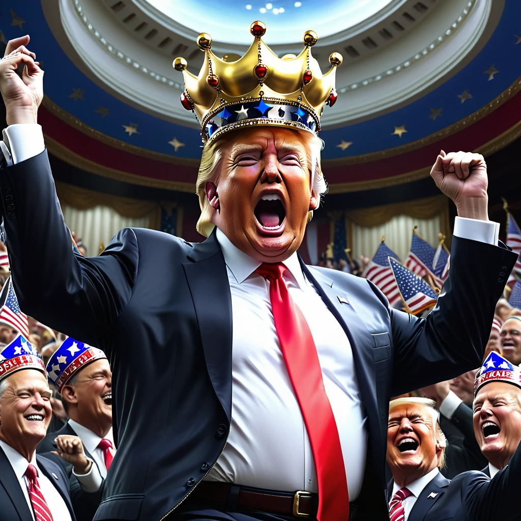 Donald Trump dancing on the death of democracy wearing his fake Republican crown highly detailed hyper realistic ultra detailed best quality 1080p hi definition
