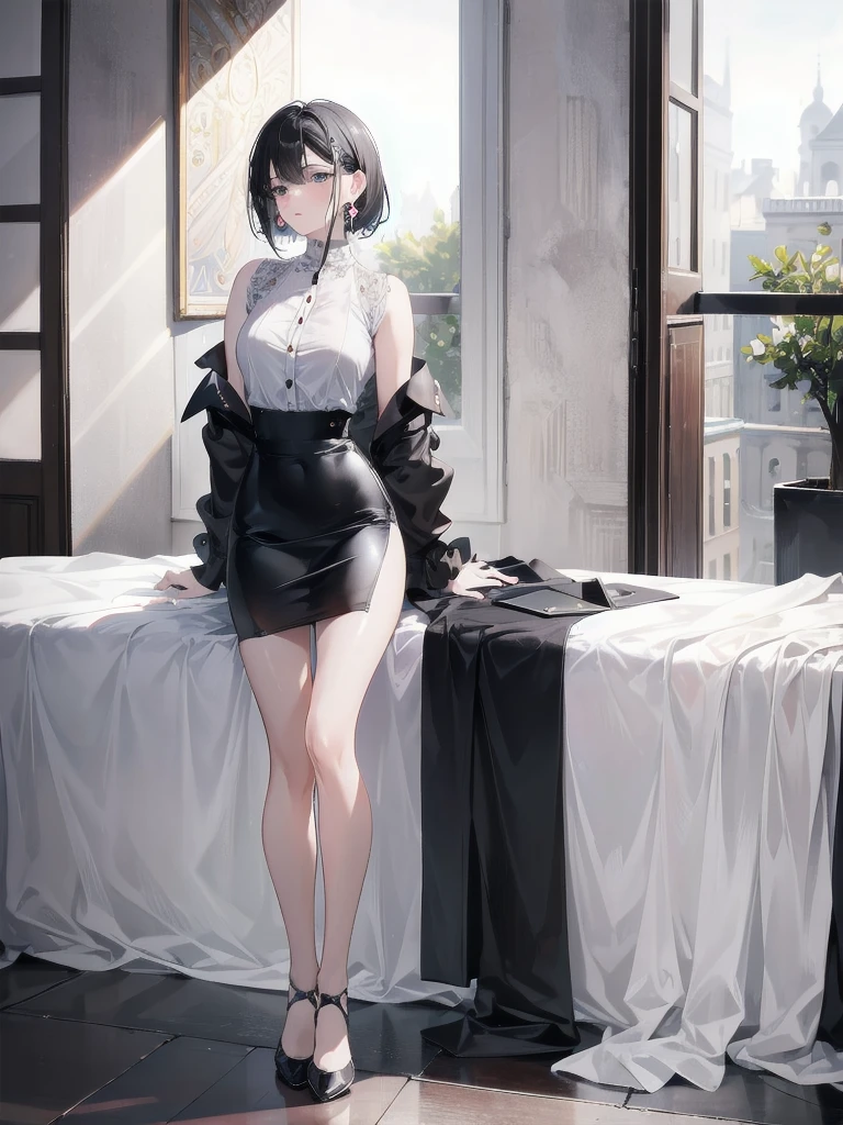 absurdres, RAW photo, extremely delicate and beautiful, masterpiece, Best Quality, ultra high resolution, 32k, hyperrealistic, ultra-detailed, in her 20s, delicate facial features, tearful mole, earring, medium breasts, full body shot, shorter middle black hair, short pencil skirt, button up shirt, black shirt, bare shoulder,
