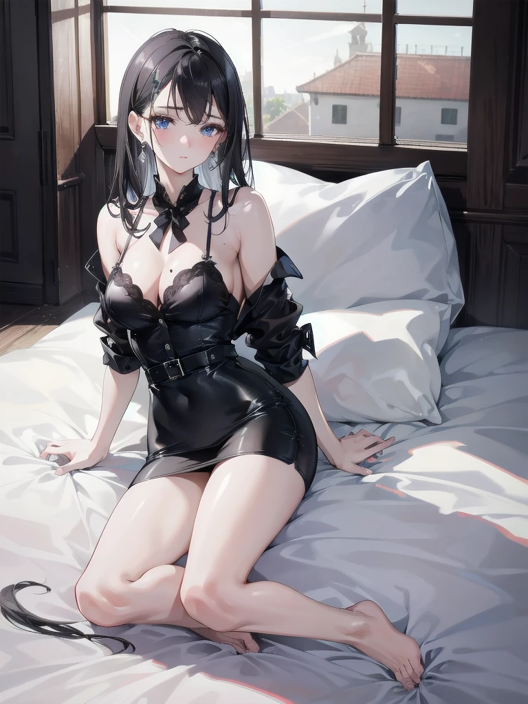 absurdres, RAW photo, extremely delicate and beautiful, masterpiece, Best Quality, ultra high resolution, 32k, hyperrealistic, ultra-detailed, in her 20s, delicate facial features, tearful mole, earring, medium breasts, full body shot, shorter middle black hair, short pencil skirt, button up shirt, black shirt, bare shoulder,