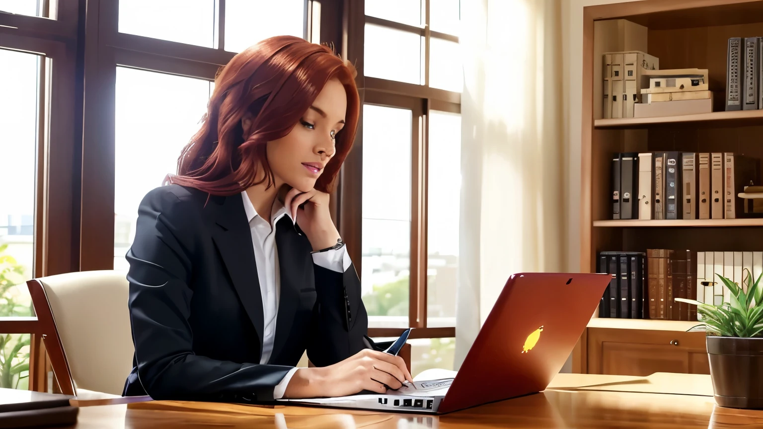 An adult woman with vibrant red hair sits at her desk in a modern, well-organized office. She exudes professionalism and confidence, dressed in a stylish business outfit with a fitted blazer and matching pants. Her hair is neatly styled, and she wears subtle, elegant makeup. She is holding a book in her hands, its cover facing outward, displaying a sleek, minimalist design. The book's cover has a glossy finish, catching the light and drawing attention. The desk is tidy, featuring a high-end laptop, a notepad with a pen, a cup of coffee, and a small potted plant for a touch of greenery. Behind her, a bookshelf is filled with neatly arranged books and tasteful decorative items, creating a professional yet inviting atmosphere. A large window in the background lets in natural light, casting a warm glow over the scene and highlighting the woman's focused expression as she looks at the book. The overall setting conveys ambition, knowledge, and professionalism, perfectly capturing the essence of a business-oriented individual deeply engaged in her reading.