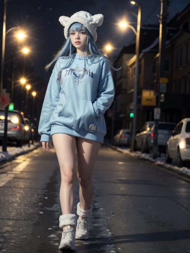 (artwork, best quality) a girl with long blue hair, blue eyes, blue eyelashes, tattoo, big breasts, white sweatshirt with a fuzzy hat, (full body), walking, upset, on a street in Russia, snowing heavily, at night