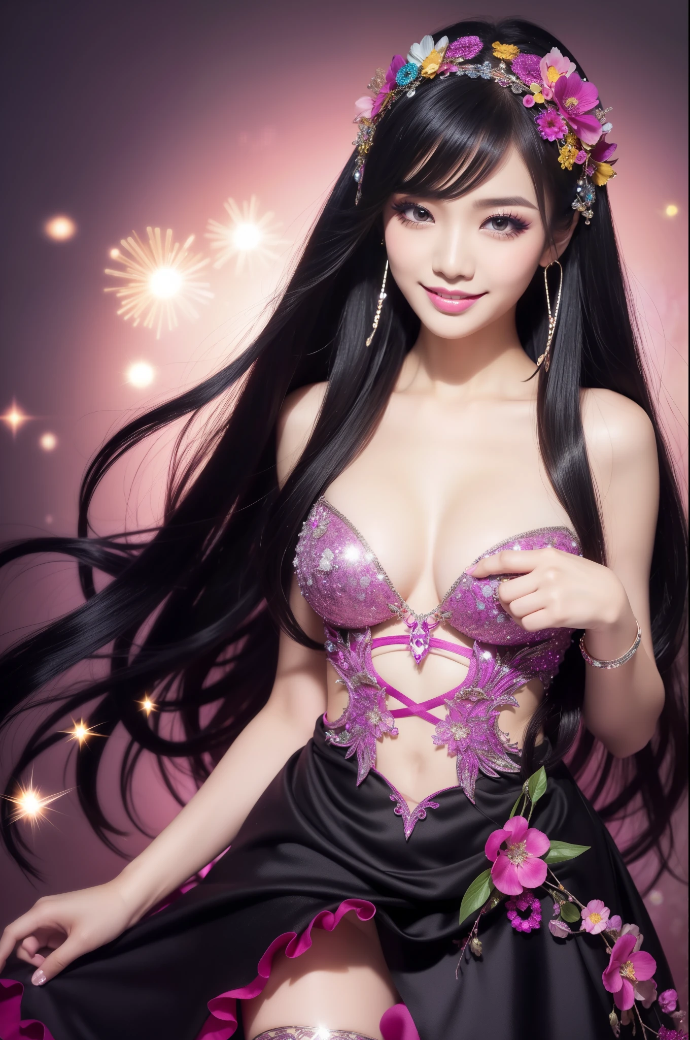 Sexy Indonesian model who controls poison、beautiful smile、lipgloss、long lashes、gothic makeup、defined eyebrows、look at the camera、full body Esbian、、sparkling poisoned flower costume、、、、sparkling Colorful hair、secrete poison、skull hair accessories schnet tights、shiny sparkling flowers background