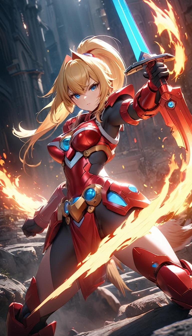 Masterpiece, exquisite and detailed, 4k, 8k, high resolution, hightech fantasy style inspired by the design of Megaman, an anthro wolf reploid goddess with long blonde ponytail hair, helmet and red armor with white details, fierce, wielding a flaming sword, posing next to the sword, dynamic light , cinematic BG, highly detailed
