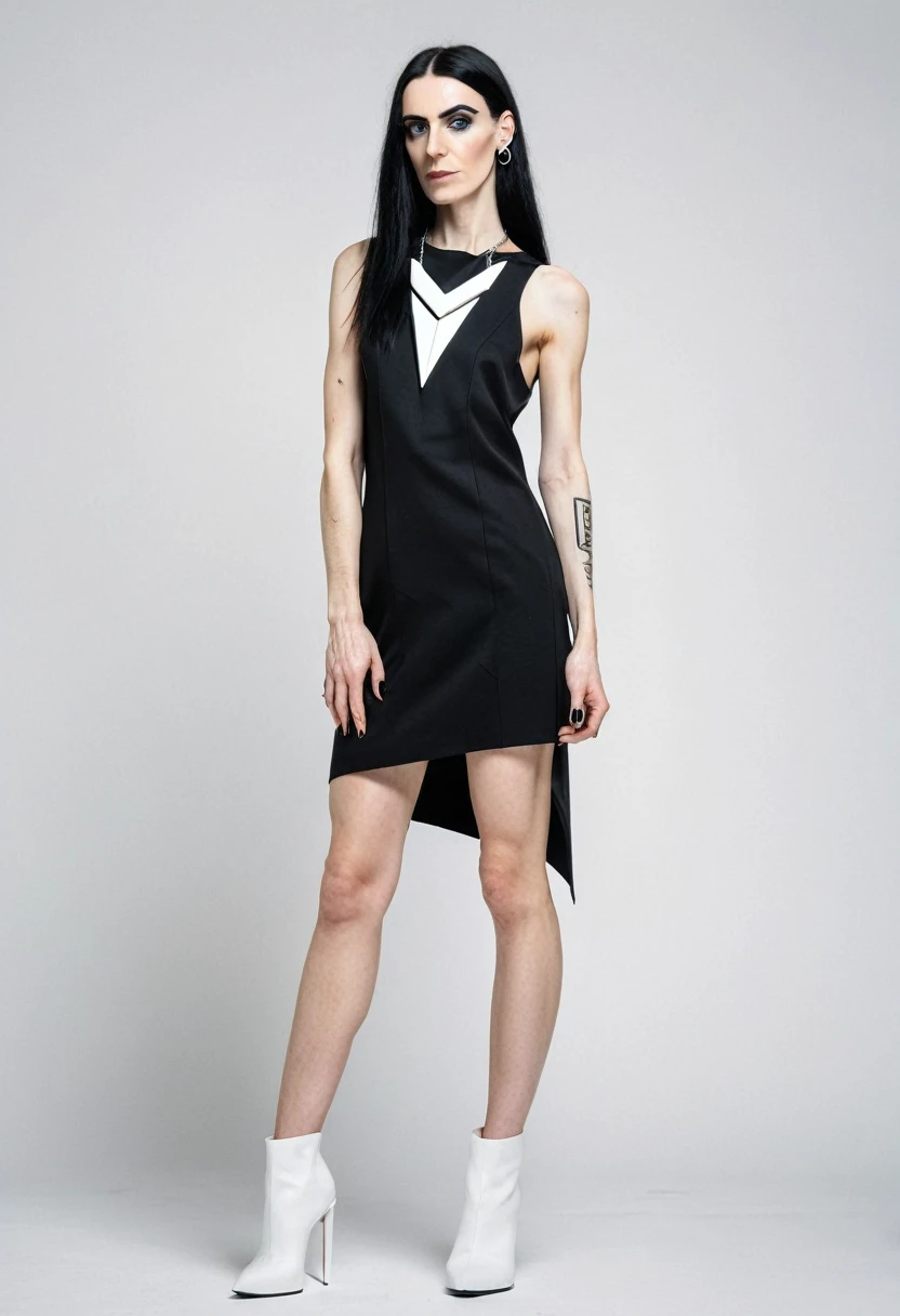 SLIM 35 years old woman, , small ass, black long hair, wearing MINIMAL WHITE cyberpunk MINIDRESS with triangular forms, in a white background, black nails, triangular necklace, triangular earrings,