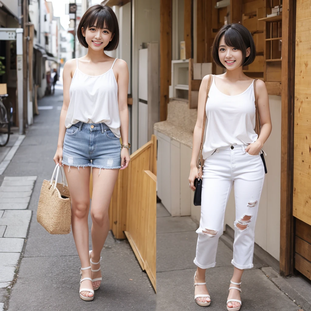 Japanese women、Big eyes and round face、Big Laugh、Short Hair、Large breasts、sunlight、Full Body Shot、White tank top、Short jeans、White platform sandals