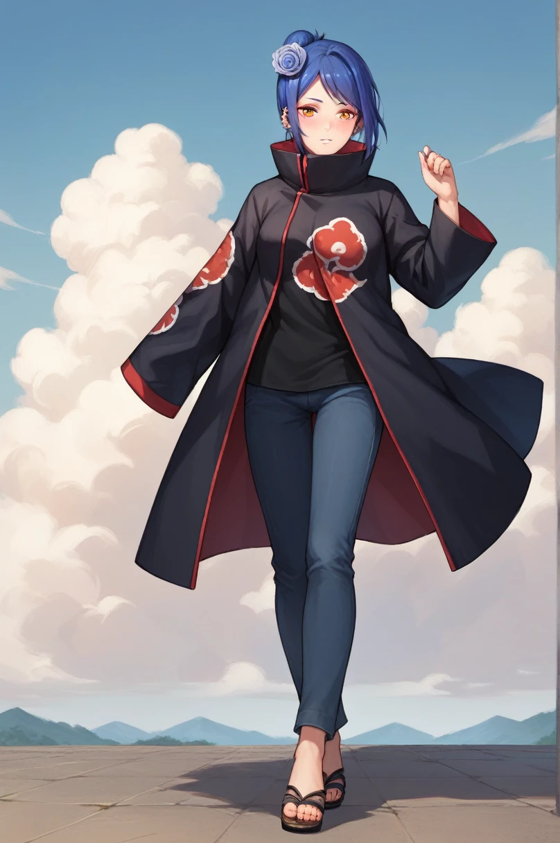 score_9, score_8_up, score_7_up, score_6_up, score_5_up, score_4_up, KonanNSHXL, makeup, orange eyes, blue hair, short hair, single hair bun, hair flower, piercing, medium breasts, high collar, black coat, coat with cloud print, long sleeves, pants, sandals, hinata hyuga's personality, futa, blushing,