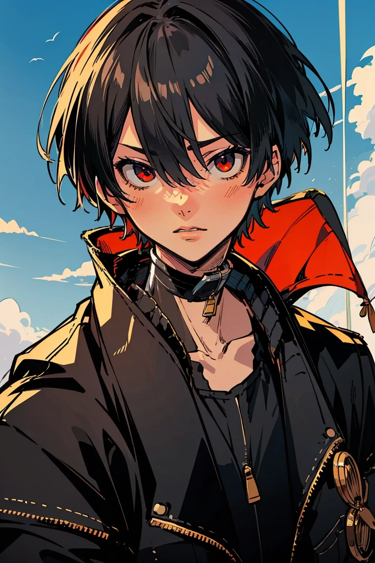 rekkyou sensen,rekkyo sensen, hasuichi nishizono, short hair, black hair, red eyes, boy, male, anime,1boy, bangs, hair between eyes, jacket, looking at viewer, male focus, solo, zipper, black clothes, black gloves, upper body, silver choker, blue sky, sunshine, shanghai, china, villages, temple