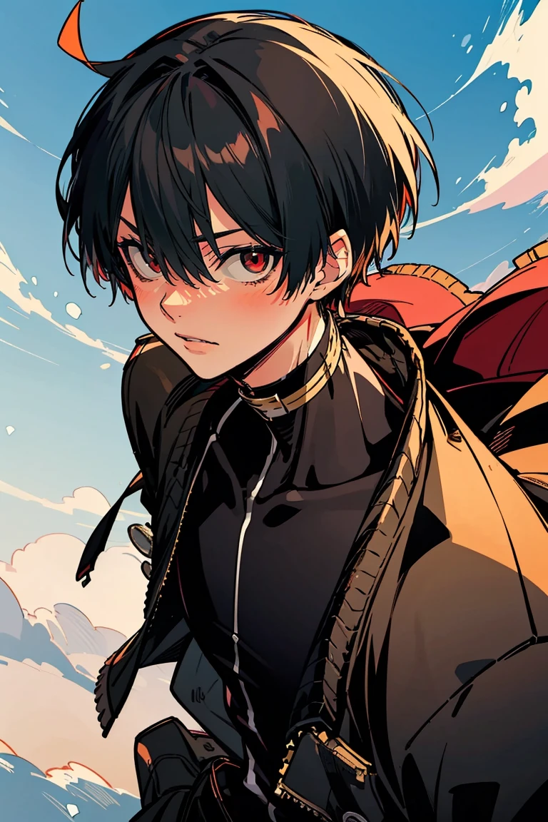 rekkyou sensen,rekkyo sensen, hasuichi nishizono, short hair, black hair, red eyes, boy, male, anime,1boy, bangs, hair between eyes, jacket, looking at viewer, male focus, solo, zipper, black clothes, black gloves, upper body, silver choker, blue sky, sunshine, shanghai, china, villages, temple