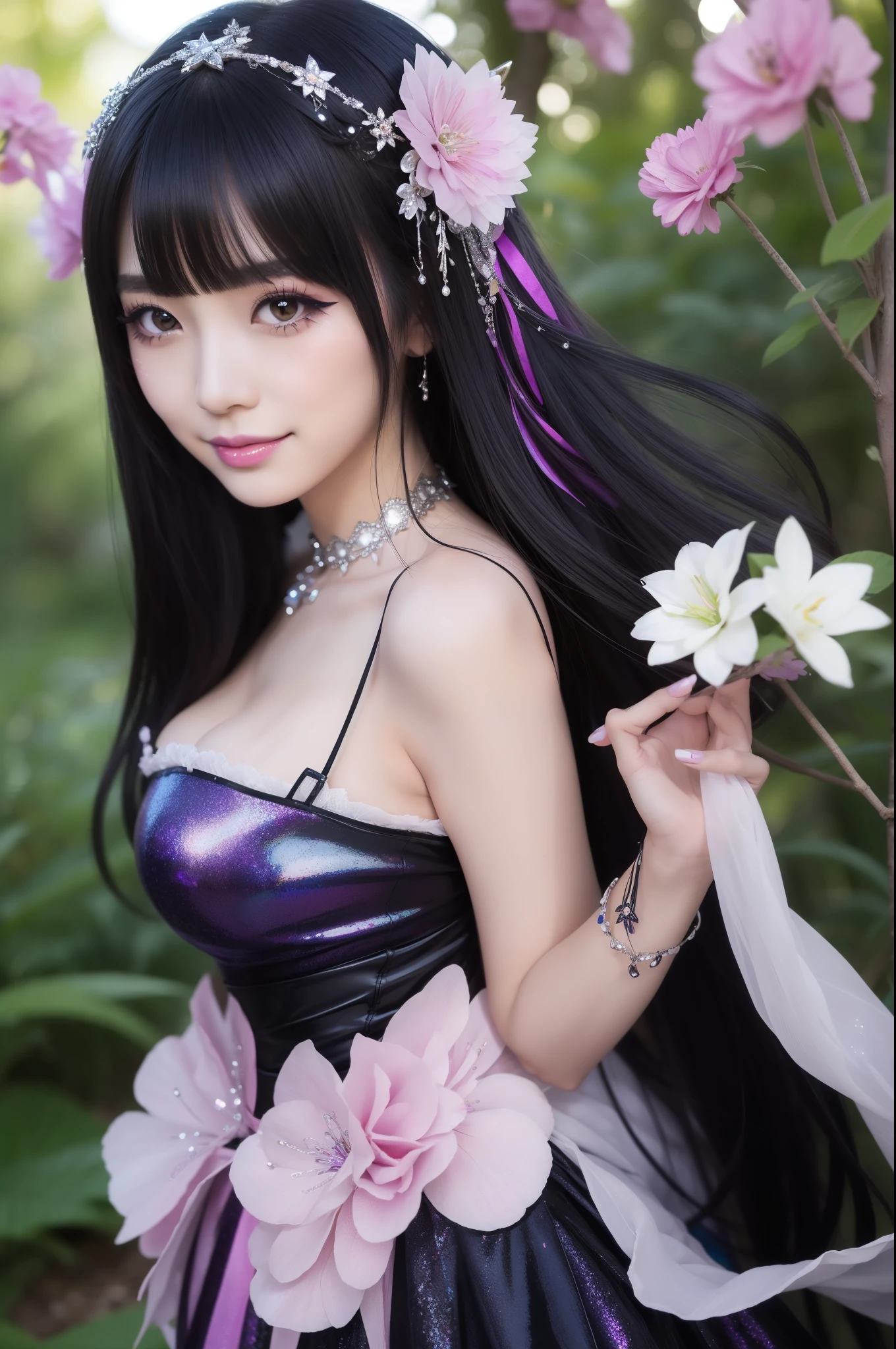 sexy Japanese model who controls poison、beautiful smile、lipgloss、long lashes、eyeliner、gothic makeup、defined eyebrows、look at the camera、full body Esbian、、sparkling poisoned enchanted flower costume、、、、shiny sparkling colorful short hair、secrete poison、skull hair accessories、sexy tights、shiny sparkling dark magic forest background