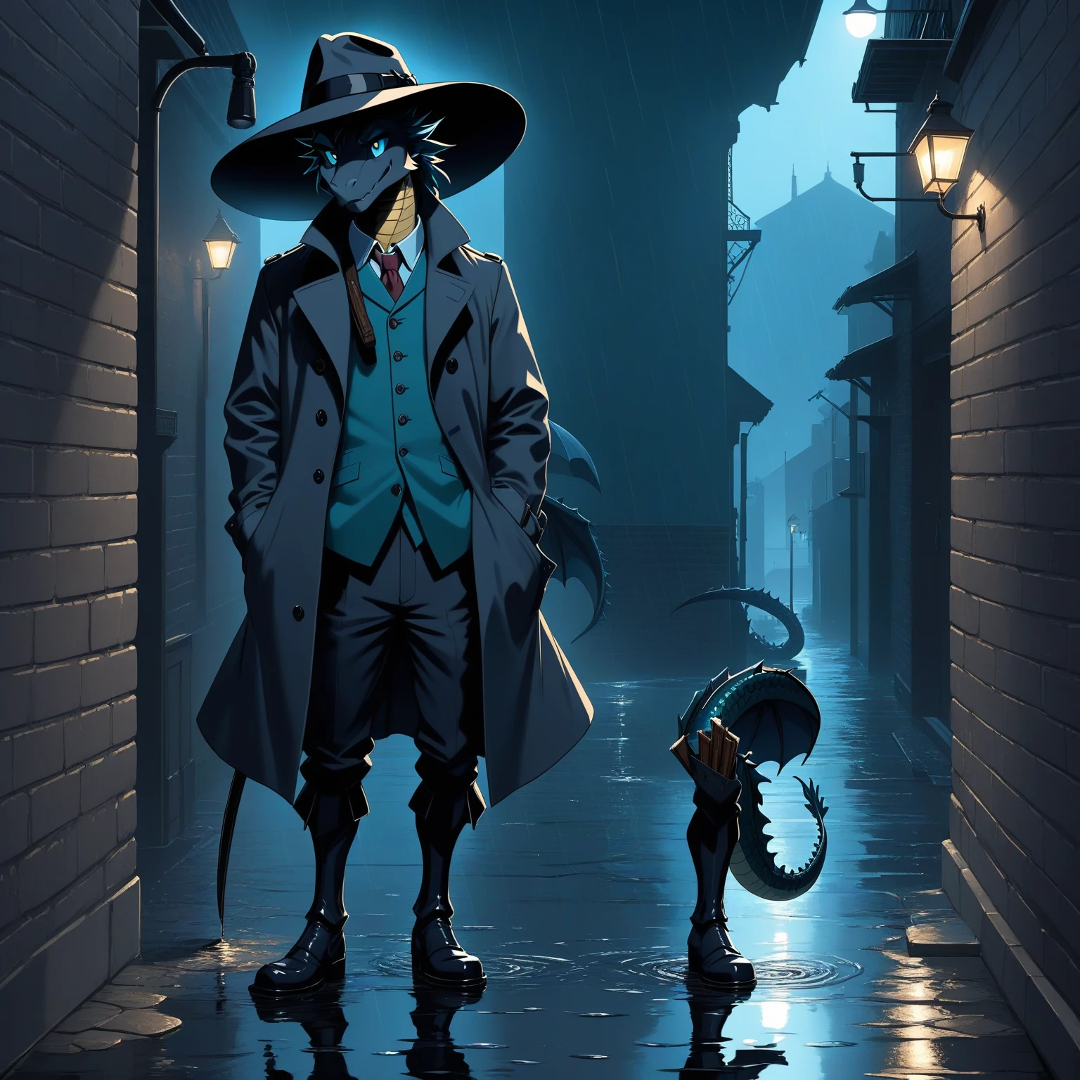 Cyan anthro dragon detective, in a trenchcoat and in a hat, with a smoldering cigar Standing in a shadows of an alley in rain, Dragon tail,. Detective trenchcoat, Smoldering sigar, Trilby hat, Realistic eyes, Realistic background, Noir style, Comic style, Shadows, Brick wall, Puddles, Light Rain, silhouette reflected in a puddle, cinematic lighting, masterpiece,official art,human nature,male,(dragon:1.2),Blue-cyan，young，no beard, depth of field, perfect lighting, light particles,(La best quality), (super detailed),sharp focus, best quality, Detailed background, cover page, highres, top quality, best quality, paid reward available, unparalleled masterpiece, perfect artwork, absurdres, High-quality illustrations, super high resolution, detailed background, Negative alerts: prone to negative emotions, boring_e621_fisherman_V4, Bad Hand 5, Malformed EV6, missing limbs, additional limbs