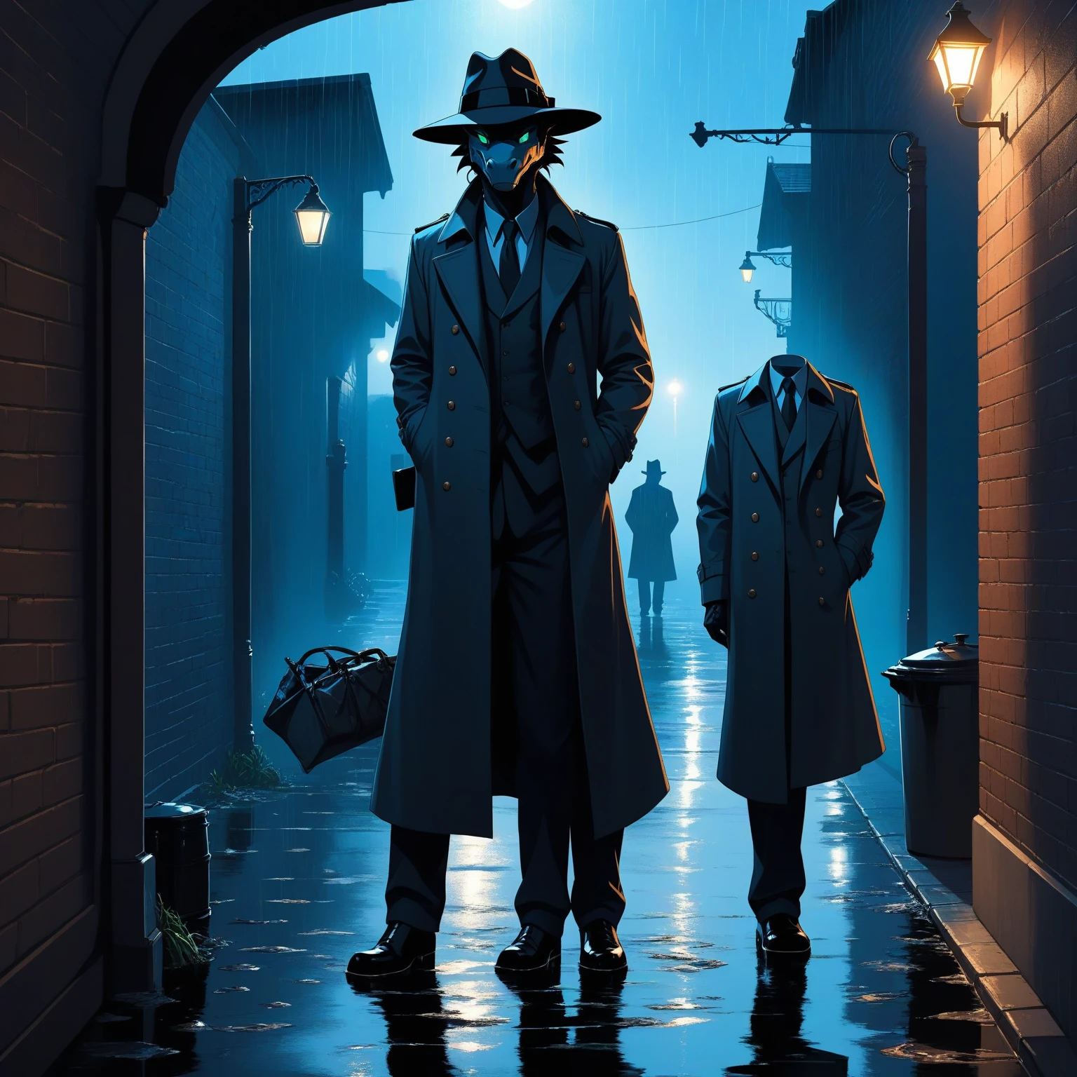 Cyan anthro dragon detective, in a trenchcoat and in a hat, with a smoldering cigar Standing in a shadows of an alley in rain, Dragon tail,. Detective trenchcoat, Smoldering sigar, Trilby hat, Realistic eyes, Realistic background, Noir style, Comic style, Shadows, Brick wall, Puddles, Light Rain, silhouette reflected in a puddle, cinematic lighting, masterpiece,official art,human nature,male,(dragon:1.2),Blue-cyan,young,no beard, depth of field, perfect lighting, light particles,(La best quality), (super detailed),sharp focus, best quality, Detailed background, cover page, highres, top quality, best quality, paid reward available, unparalleled masterpiece, perfect artwork, absurdres, High-quality illustrations, super high resolution, detailed background, Negative alerts: prone to negative emotions, boring_e621_fisherman_V4, Bad Hand 5, Malformed EV6, missing limbs, additional limbs