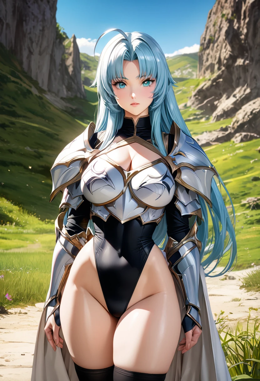 ((highest quality)), ((masterpiece)), ((hyperrealistic)), (detailed background), anime style, solo, 1girl, langrisser, ((curvy: 1.2)), kawaii, ((fantasy armor: 1.3)), Silver long hair, ahoge, forehead, parted bangs, (white paladin armor), ((black leotard: 1.3)), ((large breasts)), (zettai ryouiki black knee socks), ((gauntlet)), (cleavage breastplate), (big butt), (thighs), (groin), beautiful aqua eyes, perfect face, Perfect hands, perfect fingers, Blue sky and grassland,