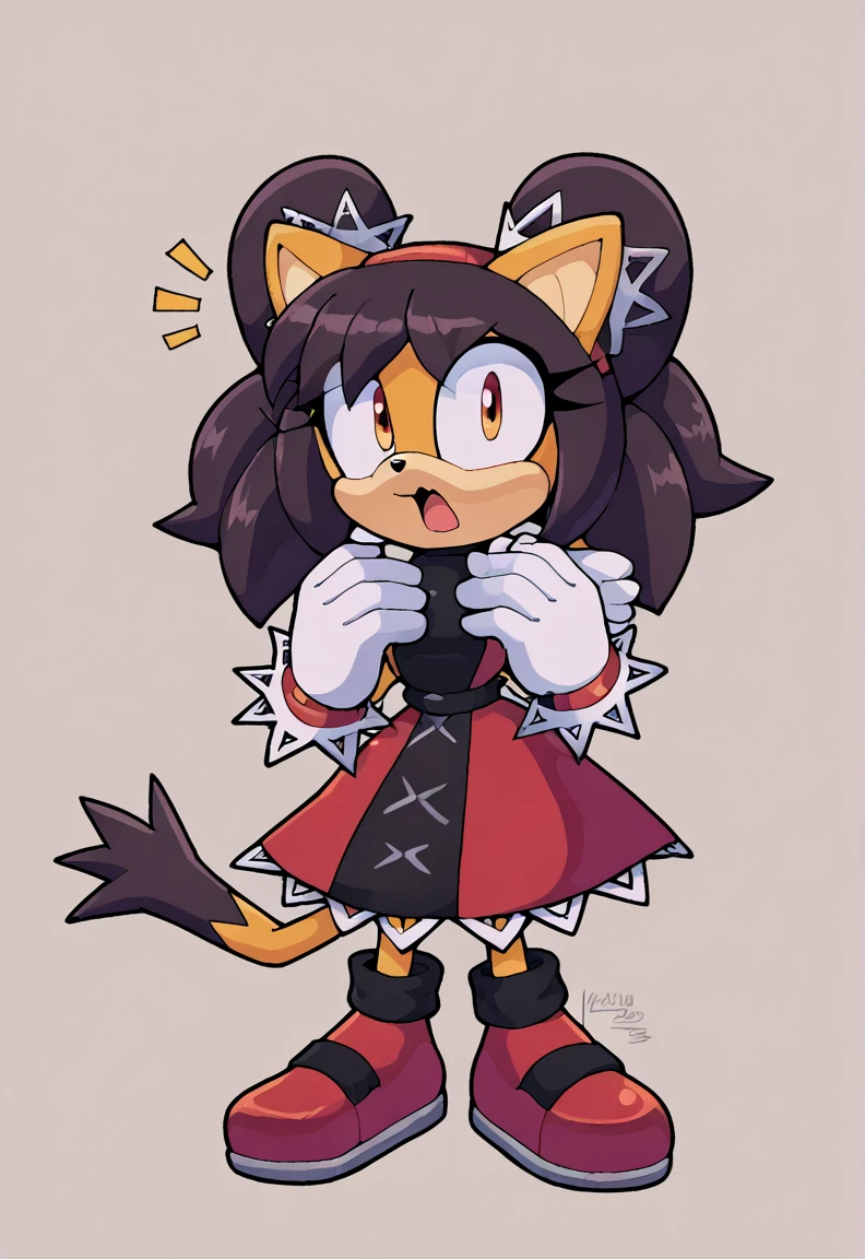 score_9, score_8_up, 2D, flat color, a plain white background with nothing in it, looking at viewer, 1girl, very detailed, extremely detailed, honey the cat from the sonic the hedgehog series, standing, full body, wide hips, narrow waist, curvy, red dress, frilly hair ties, shocked expression, open mout, open hands, wide eyes 
