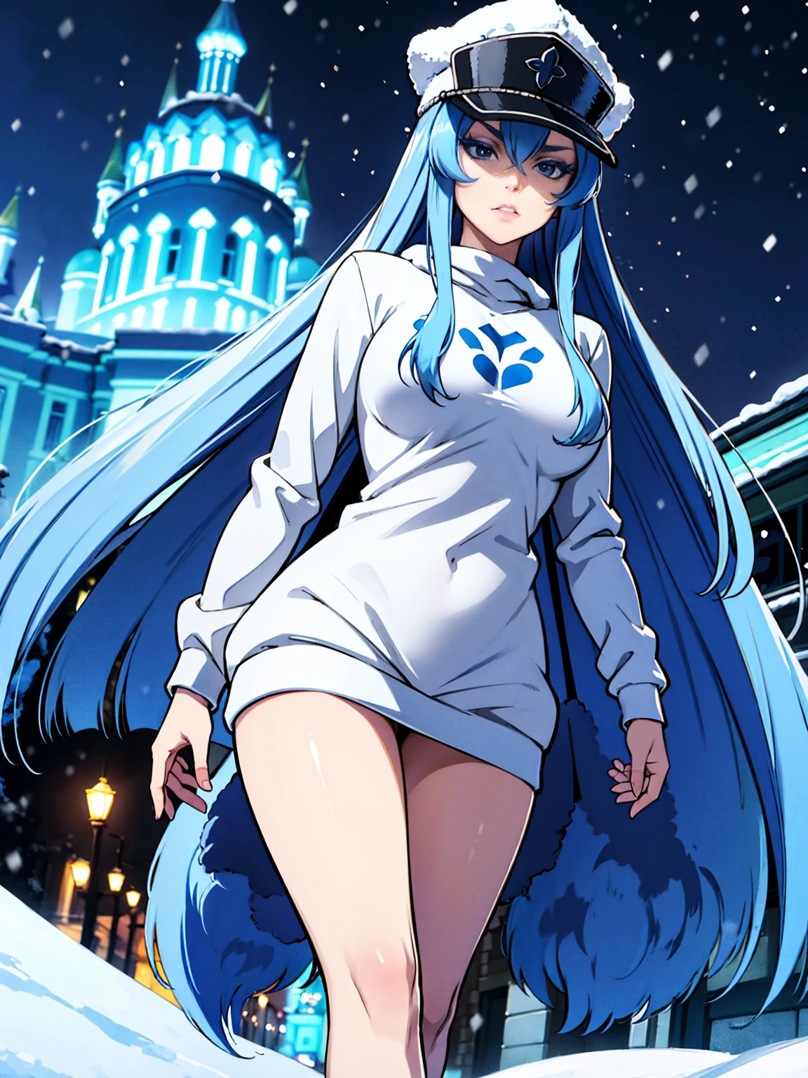 (artwork, best quality) a girl with long blue hair, blue eyes, blue eyelashes, tattoo, big breasts, white sweatshirt with a fuzzy hat, walking, upset, on a street in Russia, snowing heavily, at night