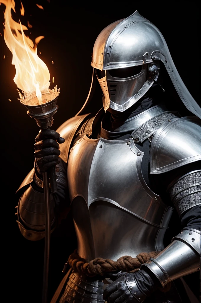 A medieval knight in armor holding with his hands a fire torch mystical black background 