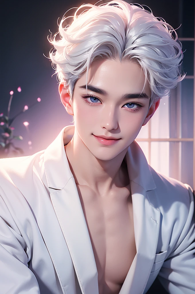 Best-Quality, Masterpiece, Ultra-High-Resolution, korean boy, very white hair, cute smile, sexy, white wallpaper, blueish eye, pale skin, curly hair, black long sleeve, pink blush, looking at the viewer, white eyebrow, hazy eyes, dangerous view