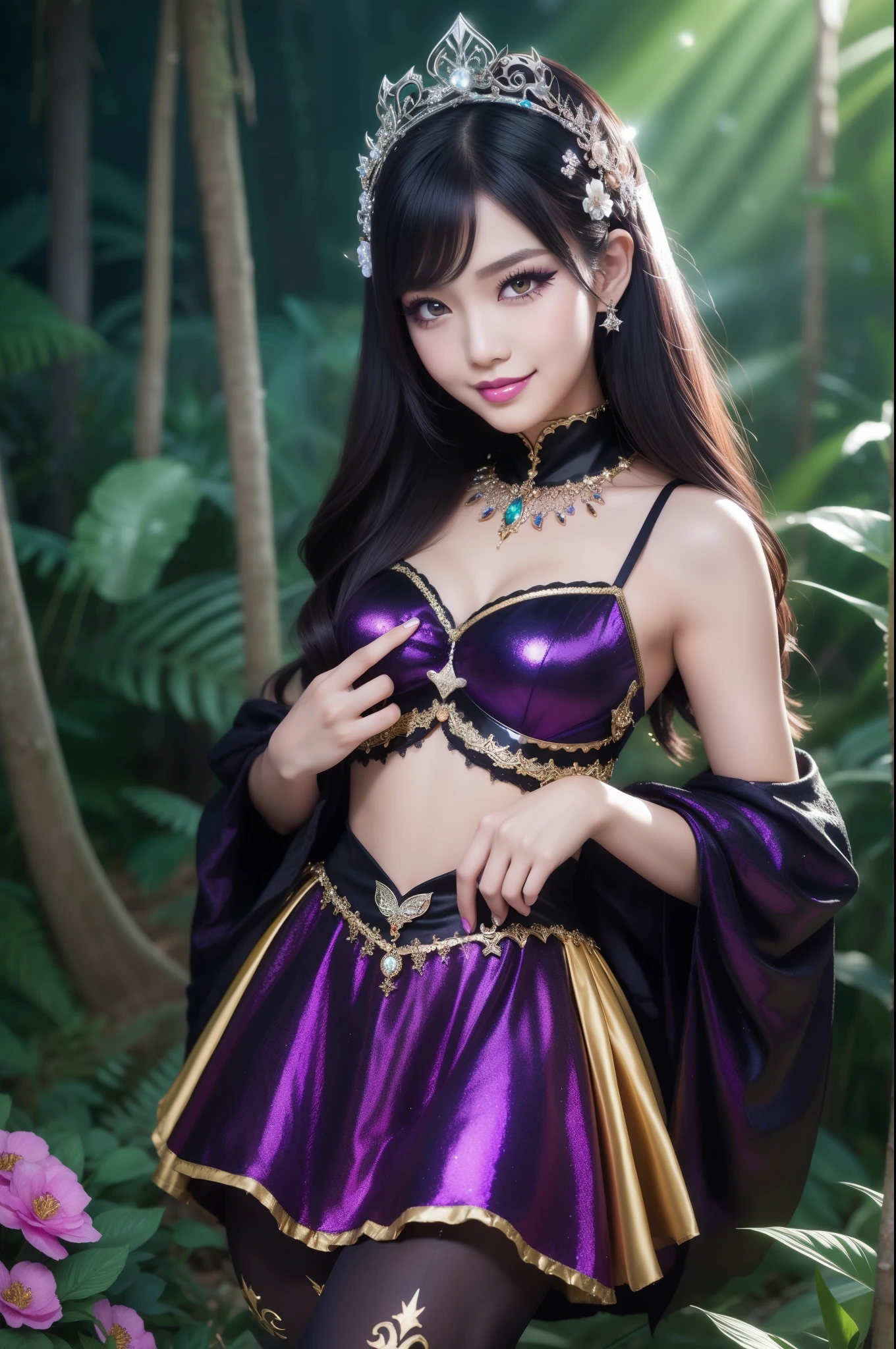 sexy Indonesian model who controls poison、beautiful smile、lipgloss、long lashes、eyeliner、gothic makeup、defined eyebrows、look at the camera、full body Esbian、、sparkling poisoned enchanted flower costume、、、、shiny sparkling colorful short hair、secrete poison、skull hair accessories、sexy tights、shiny sparkling dark magic forest background