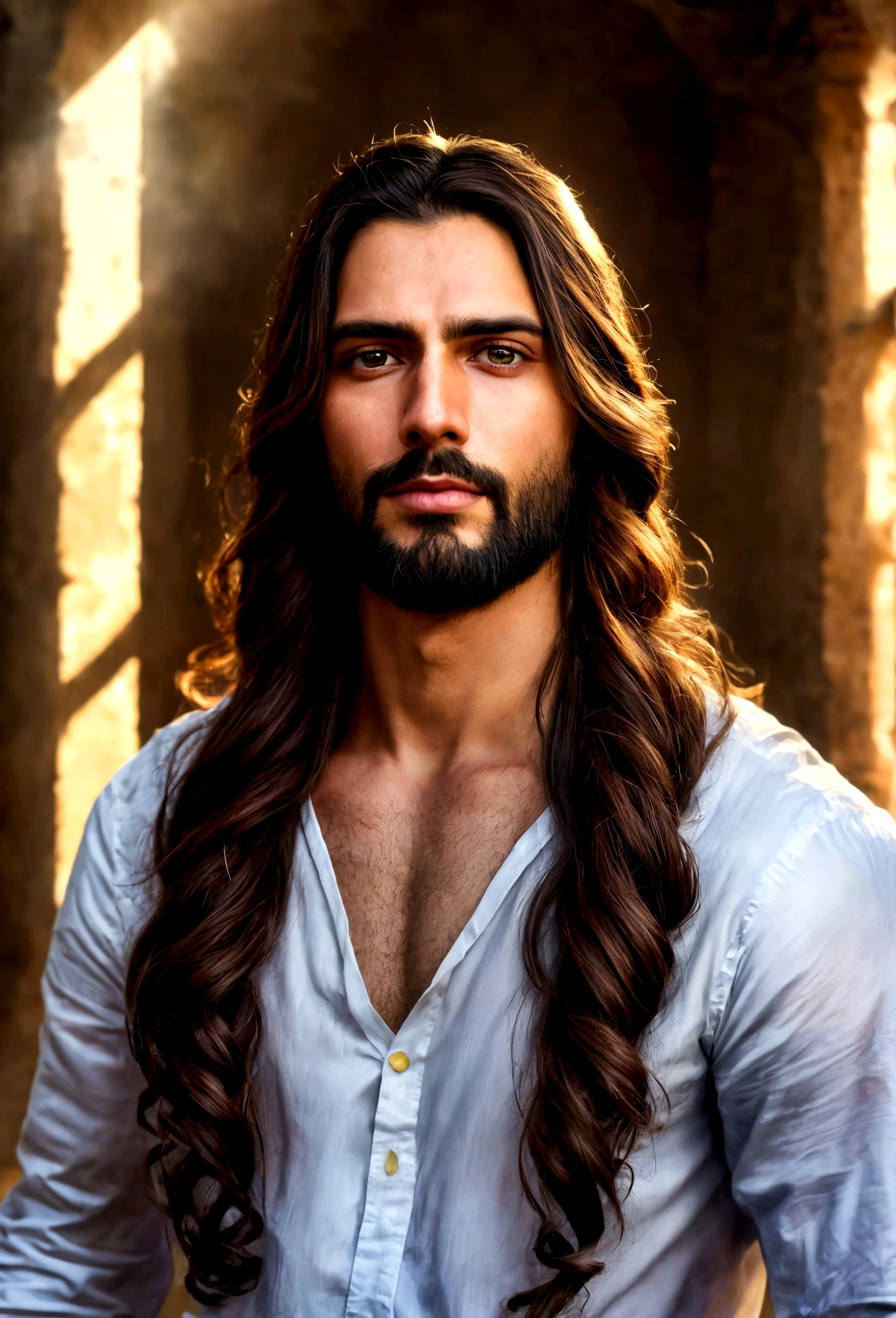 best quality,4k,8k,Altas,master part:1.2),ultra-detalhado,(Realistic,fotorrealista,photo-realistic:1.37),jesus cristo,estilo de arte tradicional,vivid and dynamic brushstrokes,Ancient playful setting ,Charismatic expression,postura humilde,historic portrait,Noble Features,estilo de pintura de tinta e lavagem,finely detailed facial features,dynamic compositing,Paradisiacal scenery,olhar confiante,,ambiente com Luz do sol dourada iluminando a cena,aura de angelical,atmosphric perspective,Explosive lighting, Jesus the man, racially ambiguous, loving