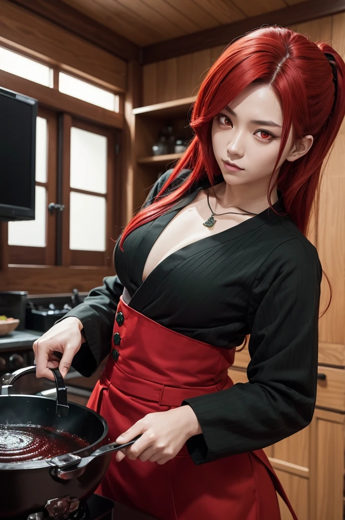 Create the demon slayer tanjiro kamado, with a red eyes, Red hair, black and green blouse and hunter's mark