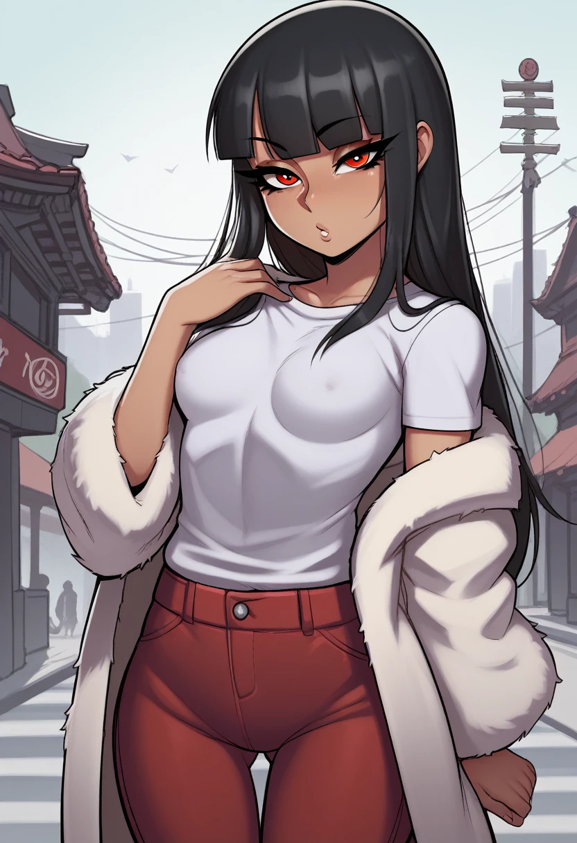 score_9, score_8_up, score_7_up, score_6_up, score_5_up, score_4_up, BREAK 1girl, black hair, tanned, loose hair, swept bangs, red eyes, long eyelashes, seductive expression, blunt bangs, short, BREAK solo, small breasts, skinny, arched back, thigh gap, shrine maiden, fur coat, innocent, lovely, adorable, long hair, hair covering one eye, dark mage, fully clothed, hibakama pants, hakui shirt, yakuza, city street background,