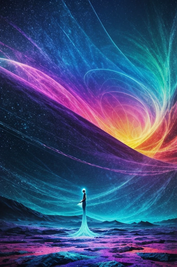 A surreal landscape with vivid colors and abstract figures that represent your dreams(be elementary particle physics?and emotions.(Sadness, love, melancholia, happiness)