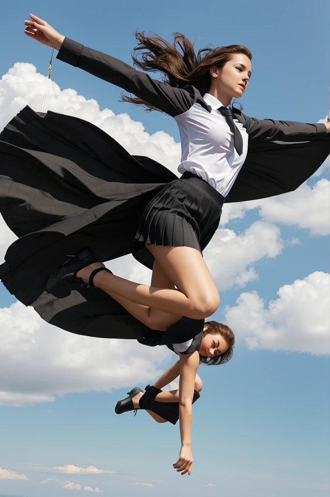 Realistic photo from the ground, of a young woman parachuting on a windy day. She is a pretty 16-year-old Caucasian woman, with brown hair in short bunches. She is wearing a fitted white shirt, a dark-grey tie, a short dark-grey pleated skirt, long plain white knee-socks, and black flat shoes. 
