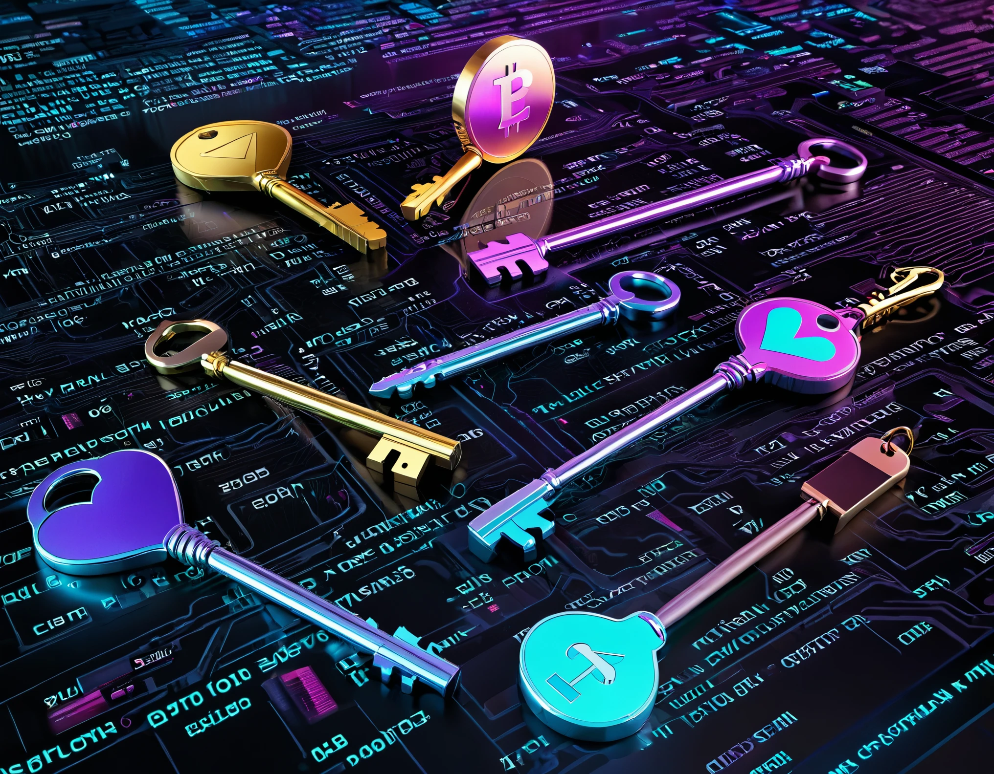 [Crypto Key emoji] Explore the world of cryptocurrency as a source of financial dominance. Visualize a mysterious, cyberpunk-inspired setting where gigantic cryptographic keys float in the air, emitting a soft glow. Each key represents a different form of digital wealth and control. Aim for hyperrealistic rendering to capture the intricate details of the keys and their reflections. This 8K image should convey the enigmatic power associated with the world of cryptocurrencies in the realm of findom.