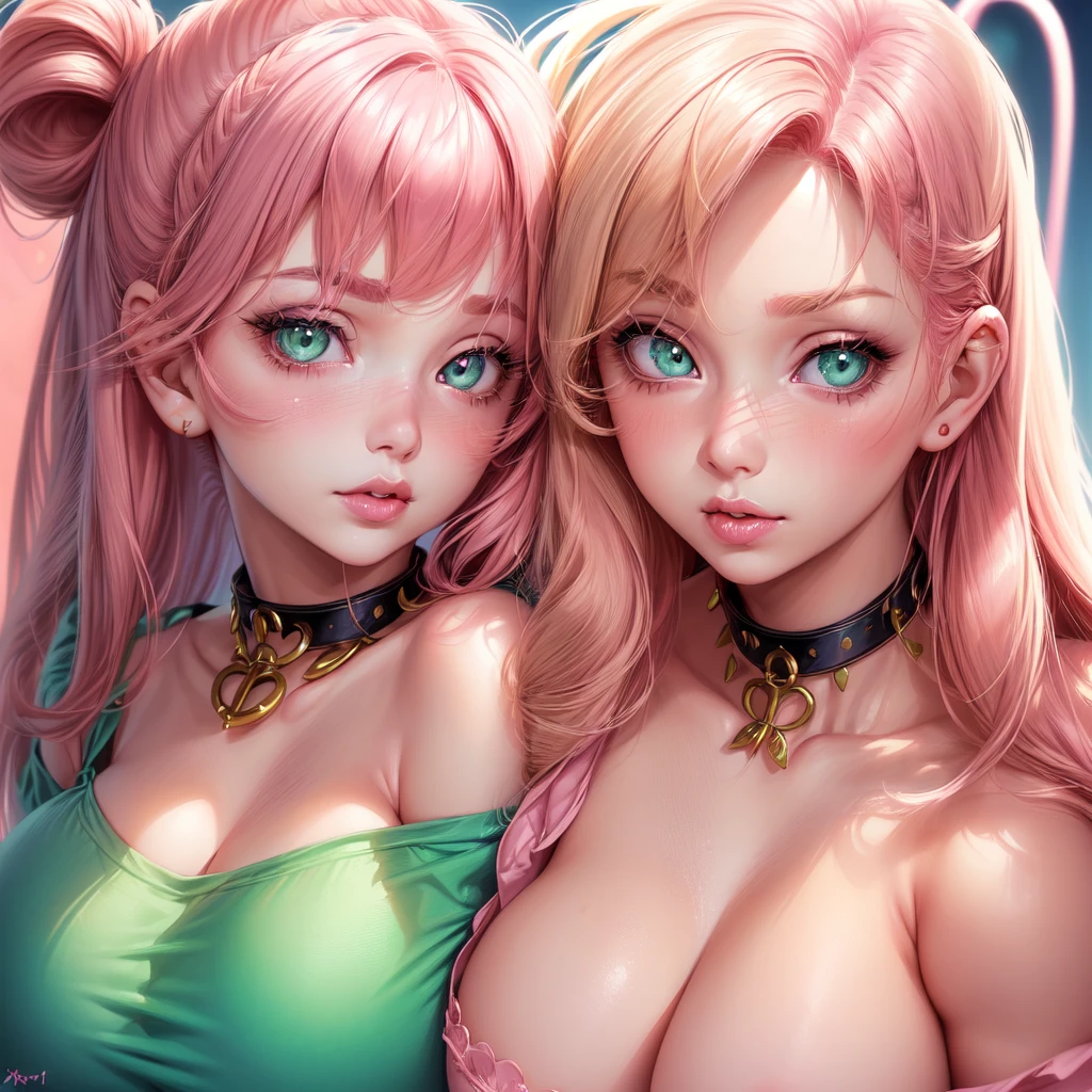 ((2 girls), solo, clevage, Big round breasts, realistic, pink hair, blonde hair, light green eyes, lip gloss, detailed face, amazing big eyes, eye details, big lips, eyebrow details, blush, mouth open, close up, portrait  picture, collar bone, looking at camera, side by side, pink bra  