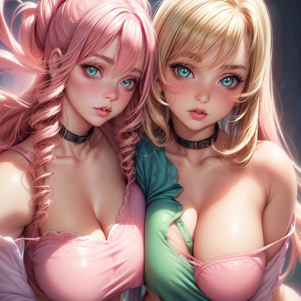 ((2 girls), solo, clevage, Big round , realistic, pink hair, blonde hair, light green eyes, lip gloss, detailed face, amazing big eyes, eye details, big lips, eyebrow details, blush, mouth open, close up, portrait picture, collar bone, looking at camera, side by side, pink bra