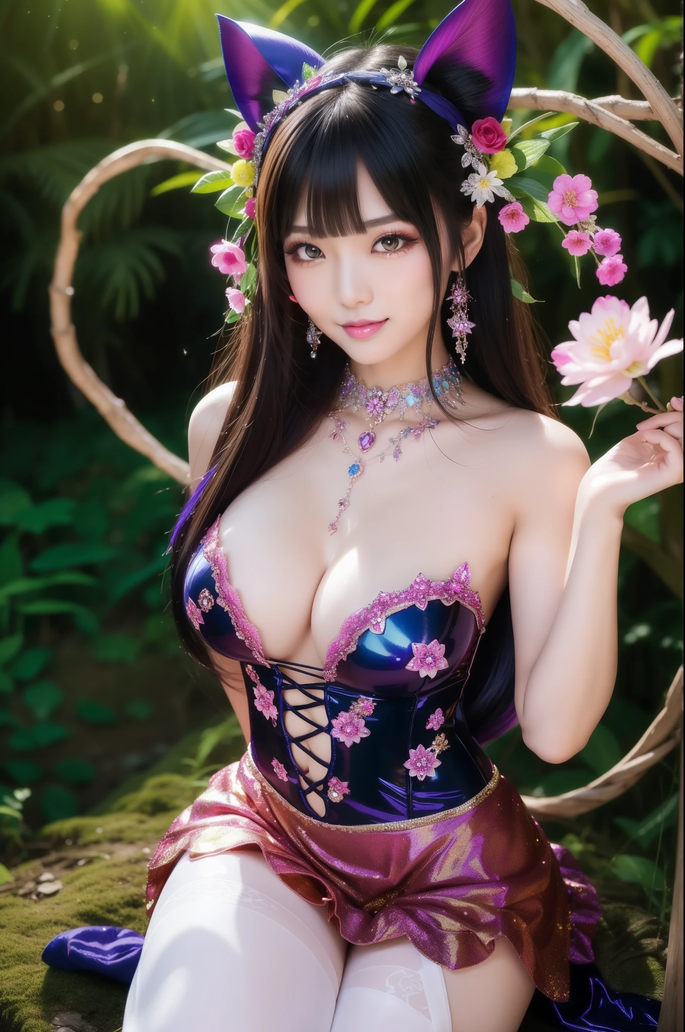 sexy Japanese model who controls poison、beautiful smile、lipgloss、long lashes、intense makeup、look at the camera、full body Esbian、、sparkling poisoned flower costume、、、、shiny sparkling multicolor hair、secrete poison、skull hair accessories、sexy tights、shiny sparkling dark magic forest background